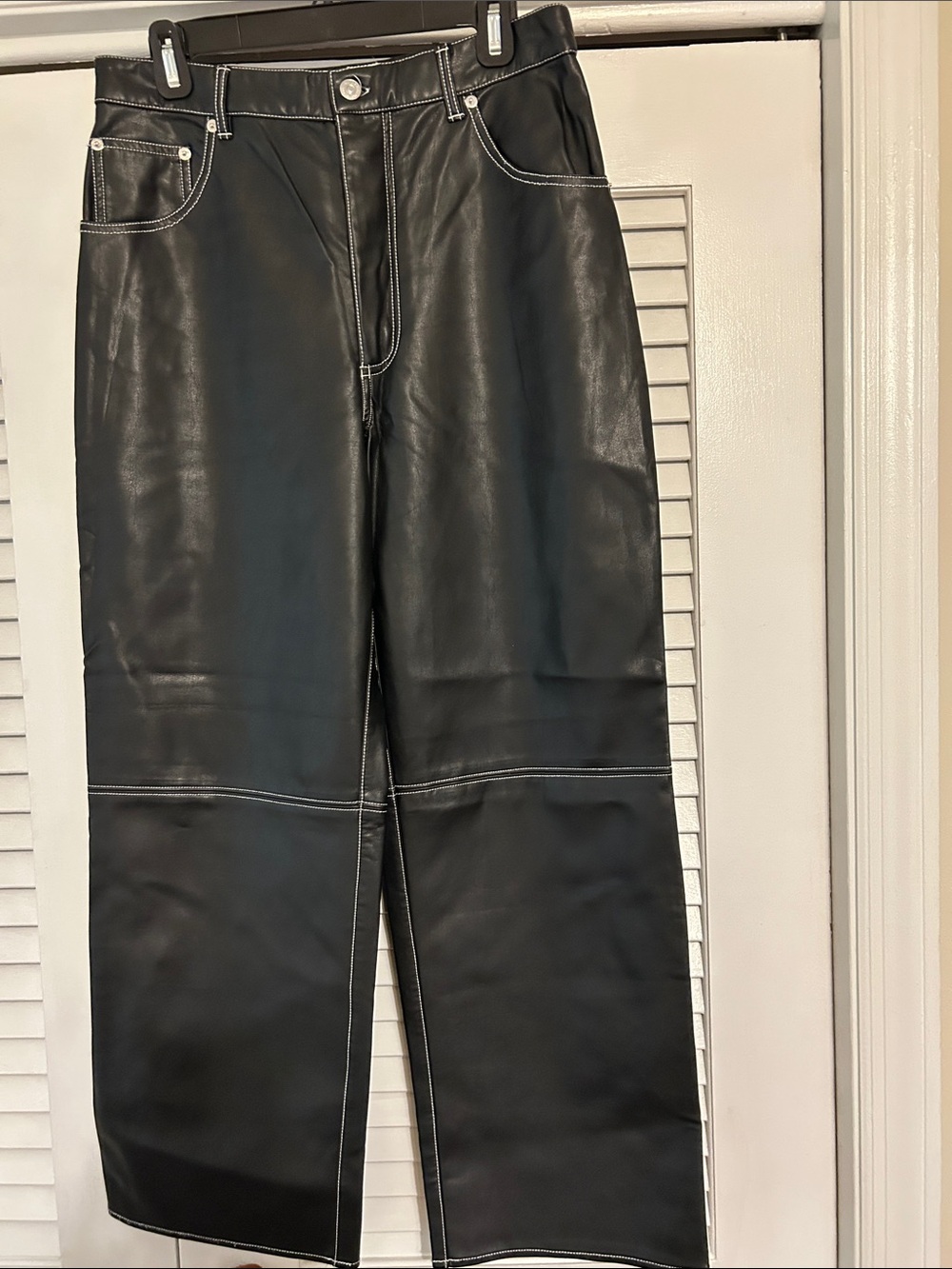 We The Free Black Faux Leather Straight Jeans with White Stitching